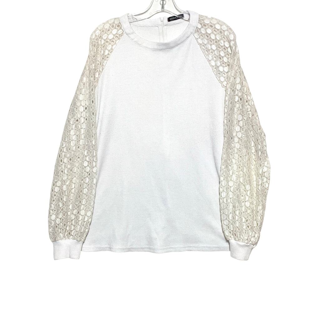 Miholl Waffle Knit Blouse Womens XL Lace Balloon Sleeves Eyelet Angelcore Boho
